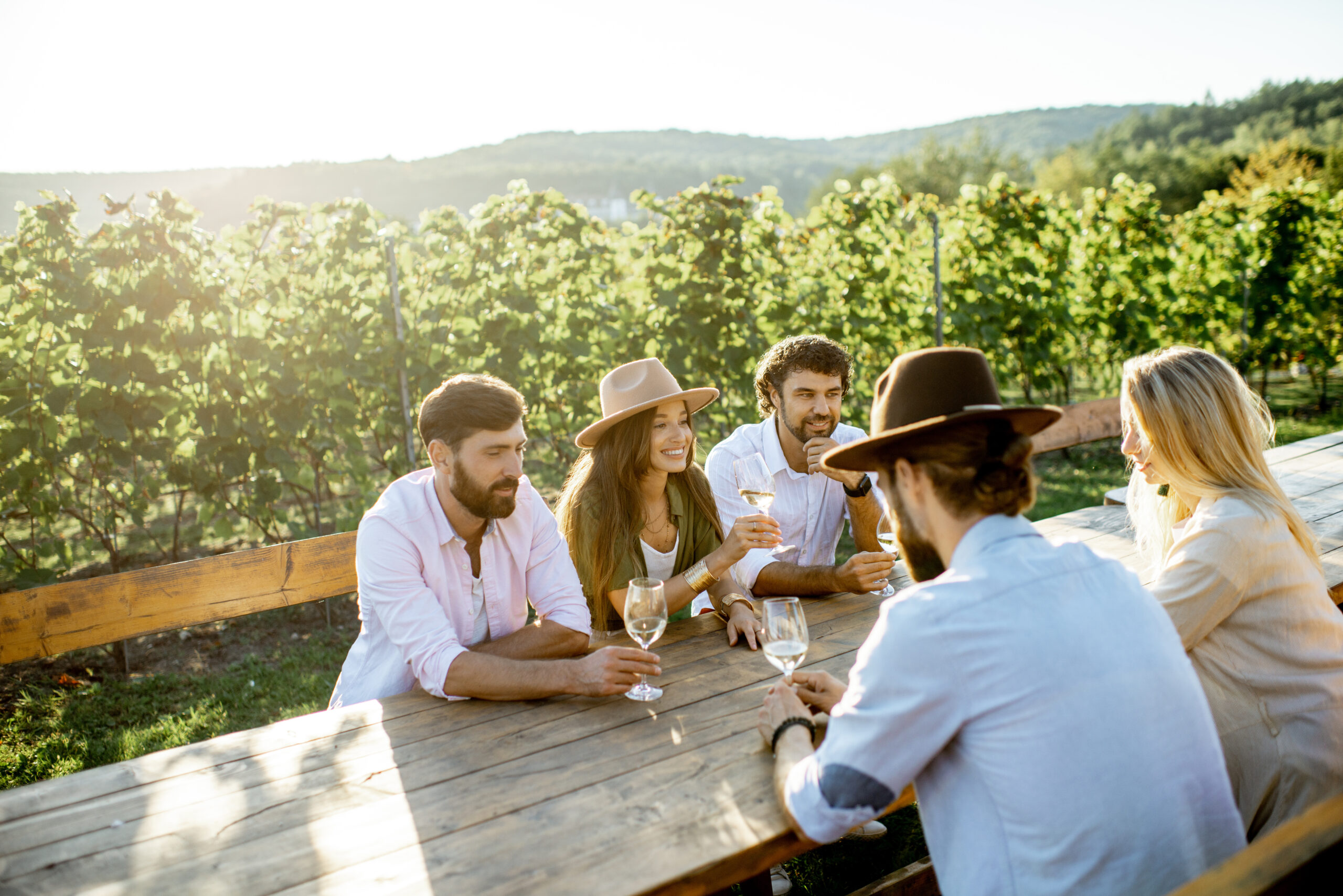 Junge Menschen sitzen an einem Holztisch in einem Weinberg und trinken Wein.